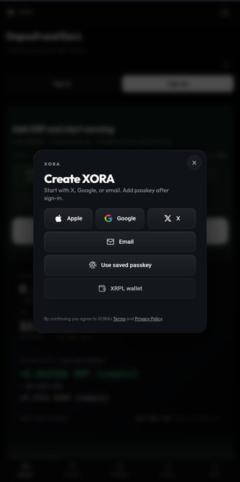 A 'Create XORA' sign-up screen offering sign-in options via Apple, Google, X, Email, passkey, or XRPL wallet.