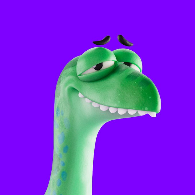 A 3D-rendered green dinosaur character with a mischievous smirk and half-closed eyes set against a solid purple background.