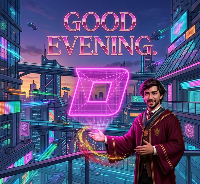 The image features a man dressed as a wizard standing next to a cityscape with neon lights at night. The background of the image includes a large pink square that says "Good Evening" written in white letters, along with a smaller purple square containing a character from the movie "T-1". The man is holding a wand and appears to be interacting with the city around him.