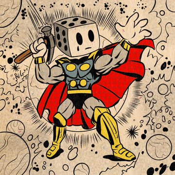 A pop-art style illustration of a character with a die for a head, wearing a red cape, blue and yellow costume, holding a hammer.
