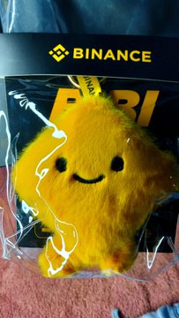A yellow plush coin mascot is sealed inside clear plastic packaging with a black card displaying the yellow Binance logo at the top.