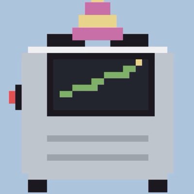 A simple pixel-art illustration of a gray machine with a screen displaying a green upward-trending chart line, topped with stacked colorful blocks.
