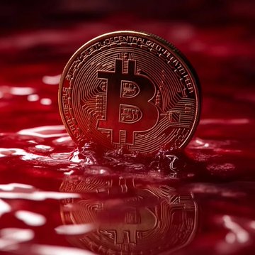 A Bitcoin ($BTC) token rests in a pool of red liquid, visually echoing bearish market sentiment. The accompanying post notes that Kalshi traders forecast BTC could drop as low as $72,000 this month, reinforcing the ominous red-toned imagery.