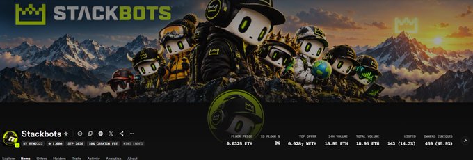 A promotional banner for "STACKBOTS" features cartoon robot characters in urban streetwear against a snowy mountain backdrop, with stats showing Floor Price 0.0325 ETH and a 24H Volume of 18.95 ETH.