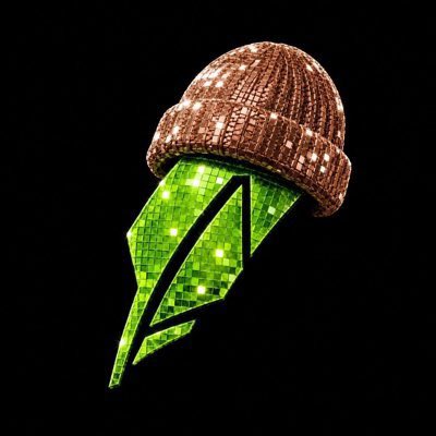 A 3D rendered green disco ball shaped like a lightning bolt wearing a brown knitted beanie against a black background.