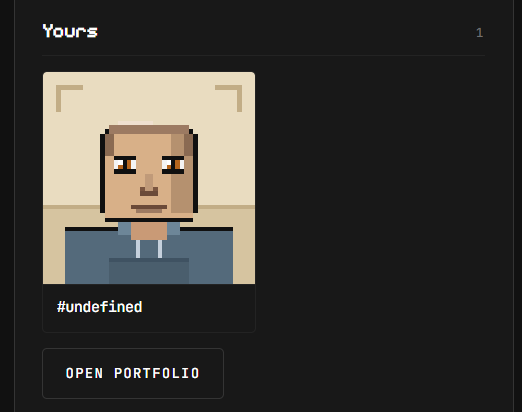A pixel-art avatar of a bald man above the text '#undefined' with an 'OPEN PORTFOLIO' button, labeled 'Yours' at the top.