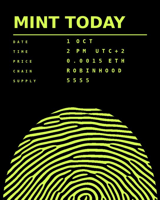 A promotional "MINT TODAY" poster in neon green and black, announcing an NFT mint on Robinhood Chain at 2 PM UTC+2 on October 1st, priced at 0.0015 ETH with a supply of 5,555, featuring a stylized fingerprint design that ties into the "KYC" collection name and the post's teaser of a frictionless minting experience with "No forms. No documents. No waiting."