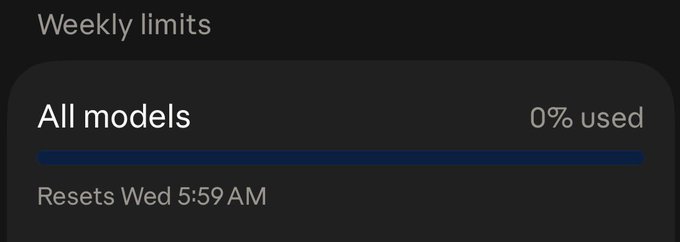 The image shows a "Weekly limits" usage panel indicating "All models 0% used" with a reset time of "Wed 5:59 AM." It does not relate to the accompanying post about $DOG, ARMY, or $DOG CITY, as it appears to display AI service usage limits rather than crypto project content.