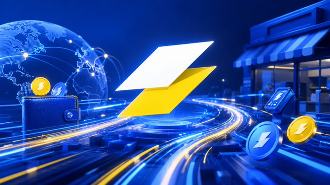 The image features a futuristic cityscape with a blue background and yellow and white elements, including a globe, lightning bolts, and coins. The main focus of the image is a yellow square with a white lightning bolt symbol inside it. Below this, there are two coins floating in front of a building that has a blue awning. In the bottom right corner of the image, there's a caption that reads "@speed_LN is the kind of crypto infra that sounds boring until you realize boring is where real money moves lightning gives bitcoin speed, stablecoins give merchants stability".