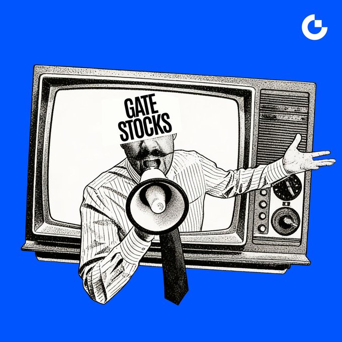 A black-and-white illustration shows a man emerging from a vintage television screen, holding a megaphone with a sign reading "GATE STOCKS" covering his face, set against a bright blue background with a "G" logo in the top right corner. The image visually reinforces the post's message by depicting a single broadcaster (Gate) shouting out coverage across multiple stock markets, symbolizing the platform's unified access to US, Hong Kong, and Korean stocks.