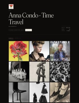 A digital interface or portfolio page titled 'Anna Condo - Time Travel' featuring a grid of artistic, fashion-forward photographs with a dark background.