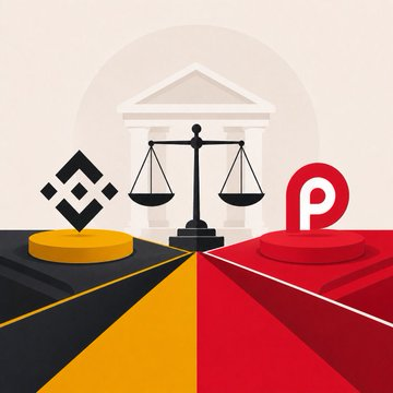 A graphic illustration featuring a government building with a scale of justice in the center, flanked by Binance (BNB) and Polkadot (P) cryptocurrency logos on pedestals, symbolizing regulation or legal matters.