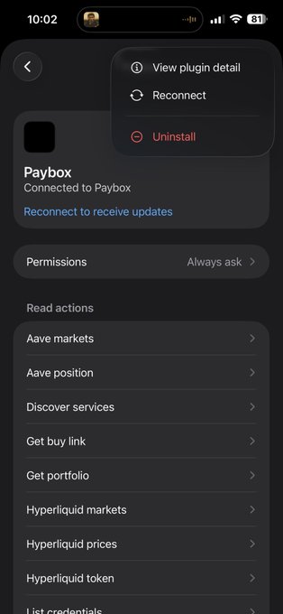 Screenshot of a Paybox plugin connected to PayGPT showing options to "View plugin detail," "Reconnect," or "Uninstall," with a message stating "Reconnect to receive updates." The image illustrates the disconnection of the Paybox plugin mentioned in the post about securing $140 before disconnecting.