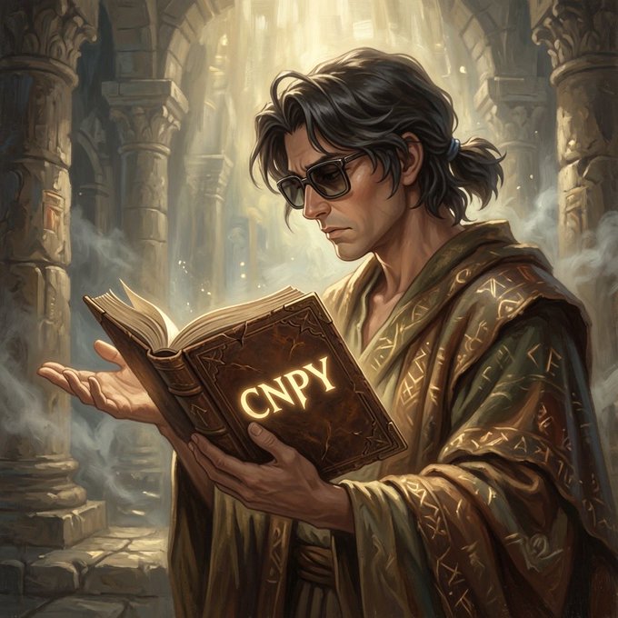 A fantasy-style digital illustration of a man with glasses and dark hair wearing robes with runic designs, reading a glowing leather-bound book labeled 'CNPY' in an ancient stone temple setting.