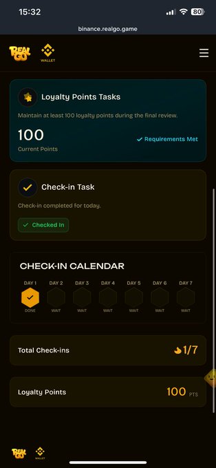 A mobile screenshot from binance.realgo.game showing a Telegram-style interface with a Loyalty Points Tasks section displaying 100 points, a completed Check-in Task, and a 7-day check-in calendar.