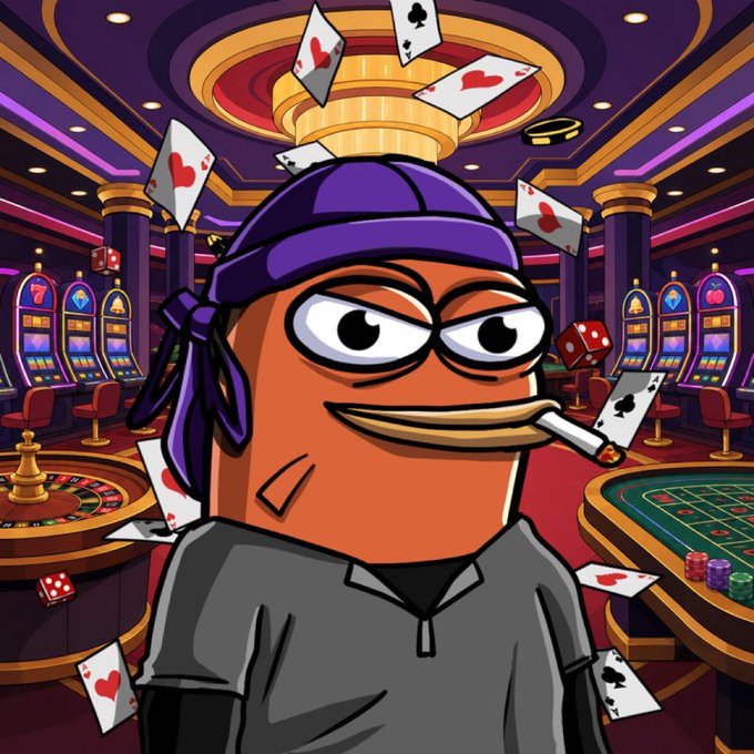 A cartoon orange fish wearing a purple bandana and smoking a cigarette is depicted in a casino setting, with playing cards, dice, slot machines, a roulette wheel, and a betting table scattered around. The image relates to the post by showcasing the "orange friend fish" character (Gbob) being promoted to holders of the $MONIGGA token.