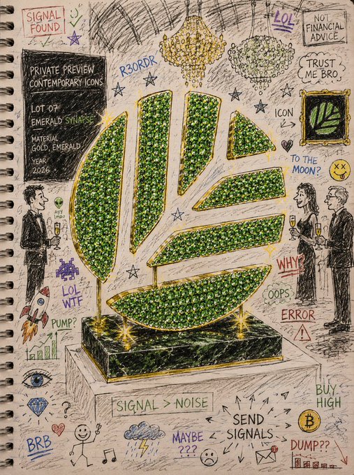 A hand-drawn sketchbook page features a large emerald-encrusted sculpture labeled "EMERALD SYNAPSE" and "LOT 07 EMERALD SYNAPSE" with notes like "PRIVATE PREVIEW CONTEMPORARY ICONS," "SIGNAL > NOISE," and "SEND SIGNALS," surrounded by crypto/trading doodles referencing CNPY Network's user-friendly testnet experience.