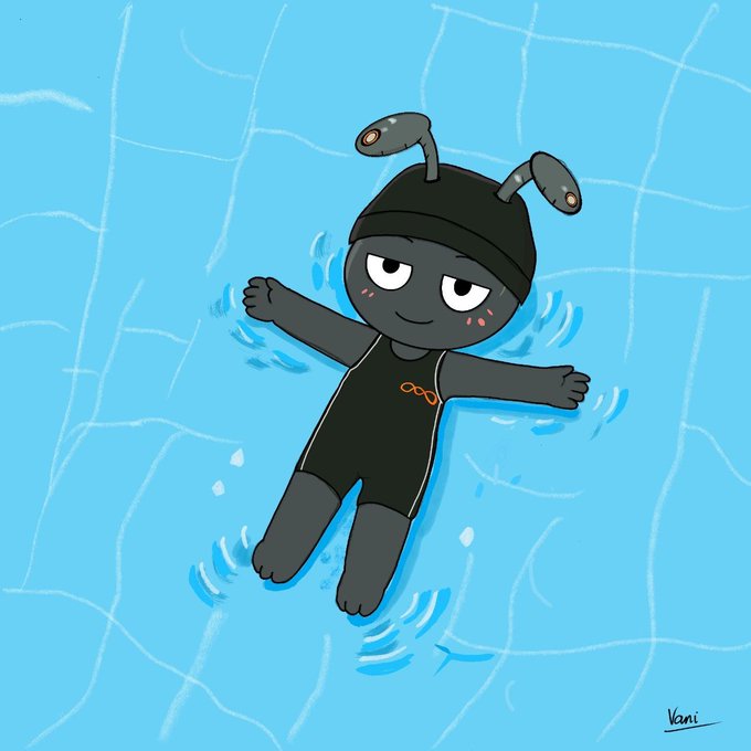 A cartoon illustration of a gray alien-like character with antennae wearing a black swim cap and swimsuit, floating on its back in a blue pool.
