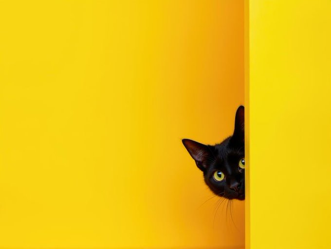 A black cat with bright green eyes peeks out from behind a yellow wall or corner.