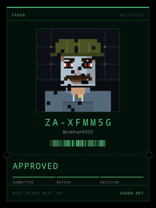 A pixel-art style digital card labeled 'ZADDR WHITELIST' showing a character with green hair and a mustache, with the code 'ZA-XFMM5G' and a barcode, marked as 'APPROVED' with the handle '@sobhan9335' and 'ZADDR.NET'.