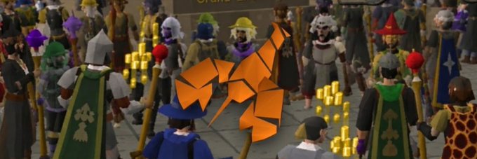 A crowd of diverse fantasy characters in medieval-style attire surrounds a glowing orange lobster emblem, with stacks of gold coins scattered throughout the scene. The image is reminiscent of Old School RuneScape, fitting for the Solana meme token $LOBBIES, which ties into a lobster-themed community banner posted by a Moby member.