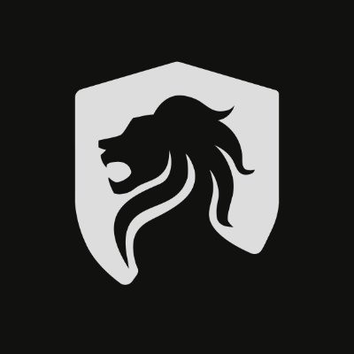 A white shield-shaped logo featuring a stylized lion's head silhouette on a black background.