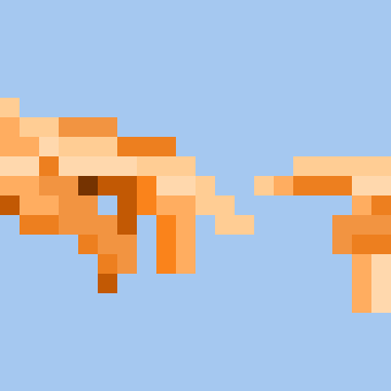 A pixel-art rendering in orange/peach tones against a light blue background, appearing to depict an abstract or partially formed character.