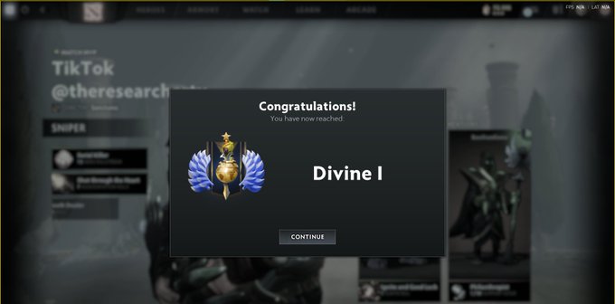 A 'Congratulations!' screen from Dota 2 showing player TikTok @theresearch has reached the 'Divine I' rank, with the rank emblem featuring wings and a star.
