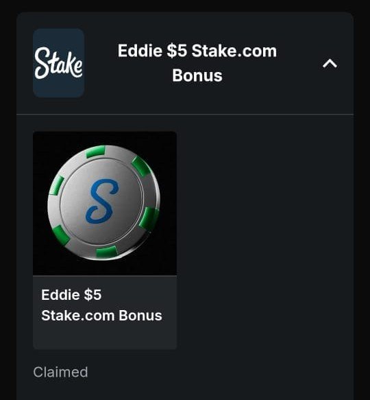 A screenshot of a claimed promotion on Stake.com showing "Eddie $5 Stake.com Bonus" with a green and silver poker chip logo, confirming the user has successfully redeemed their $5 bonus for connecting their Kick account to Stake.