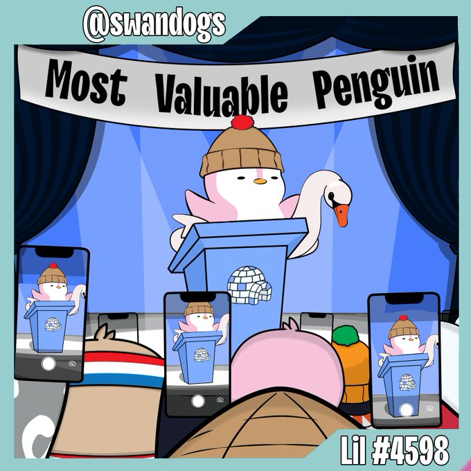 The image features a cartoon penguin standing at a podium, giving a speech or presentation. The penguin has a hat on its head and is surrounded by various objects such as cell phones and a trash can. There are four cell phones visible in the scene, with one of them being held up to take a picture. A person wearing an orange shirt is also present in the image. The post includes text that reads "Most Valuable Penguin" and "Lil #4598".