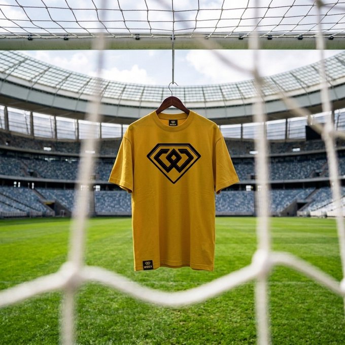 A yellow t-shirt with a black geometric diamond logo hanging on a wooden hanger in front of the goal net of a soccer stadium.