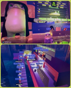 Three screenshots show a virtual world featuring a large frog character, colorful stage lighting, and numerous player avatars with usernames like 'omgumi8' and 'che9h' displayed above them.