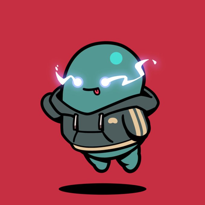 A cute chibi-style teal slime character wearing a black hoodie, with glowing electric-blue eyes and energy crackling around its head, set against a red background.