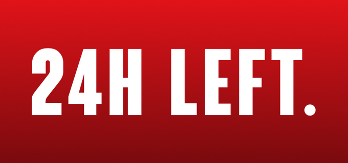 The image features a bold red gradient background with the white text "24H LEFT." displayed prominently in the center. This countdown message reinforces the urgency of the accompanying post announcing Black Bull World's launch and its $50,000 purchase of $ANSEM, likely indicating a time-limited event or opportunity.