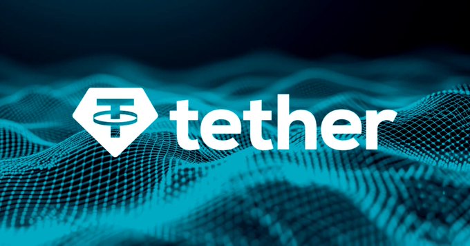 The white “tether” logo and name appear over a blue digital wave background.