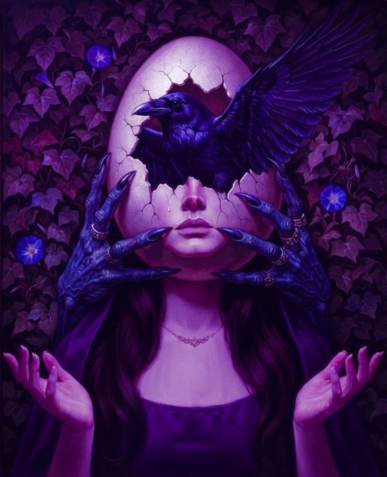 A purple-themed fantasy artwork depicting a woman whose eyes are obscured by a cracked mask revealing a black raven, with blue-skinned clawed hands framing her face.