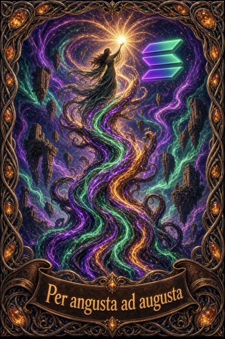 A fantasy digital artwork showing a dark robed figure reaching toward a bright star, with colorful swirling energy streams rising from below and the Latin phrase 'Per angusta ad augusta' on a banner at the bottom.