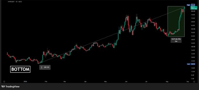 A daily candlestick chart of Hyperliquid (HYPE) showing a strong uptrend with a breakout above $85 for the first time, highlighted by a "BOTTOM" annotation at a 301.5% gain and a 34.87% (46.20%) gain box near the recent peak.