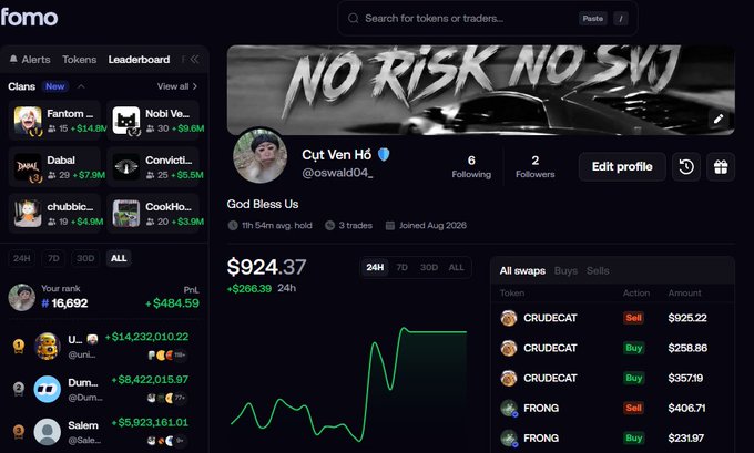 A Fomo cryptocurrency trading dashboard showing profile "Cut Ven H6" (@oswald04_) with $924.37 in profits and a recent swaps list including CRUDECAT and FRONG tokens.