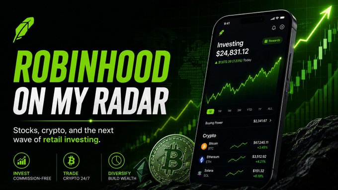 A Robinhood promotional graphic titled 'ROBINHOOD ON MY RADAR' featuring a phone showing $24,831.12 in investing, promoting commission-free stock and crypto trading.