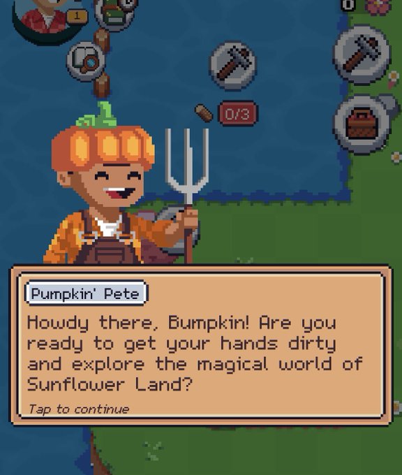 A pixel art video game scene shows a pumpkin-headed character holding a pitchfork, with a dialogue box reading "Pumpkin' Pete: Howdy there, Bumpkin! Are you ready to get your hands dirty and explore the magical world of Sunflower Land?"