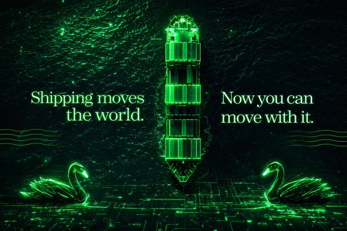 A dark green-tinted advertisement depicting a cargo ship viewed from above, flanked by two glowing green swans in the water, with the text 'Shipping moves the world.' and 'Now you can move with it.'