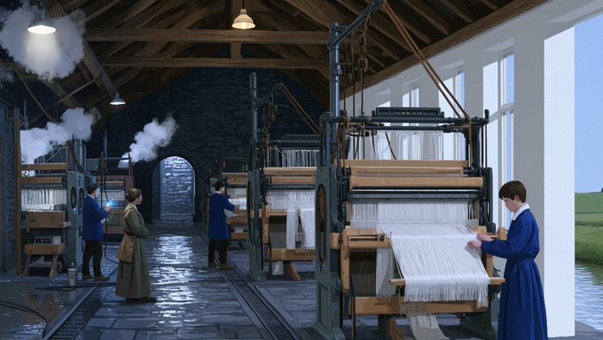 Steam-powered looms hum inside a timber-framed workshop as workers in period dress tend to threads and looms under large arched windows, evoking the industrial textile era captured in Panorama Tableau #109 by nebuch.eth, priced at $0.2312 ($PANO). The image directly mirrors the tableau's "Textile machinery (loom)" technology and "Equilibrium" mood through its balanced composition of labor and machinery.