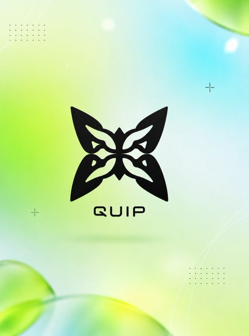 The image features a logo for a company named Quip, which has a black butterfly design with the word "quip" written below it. The background of the image consists of green and white colors, creating an abstract pattern that surrounds the logo. The text in the image reads "@quipnetwork", indicating that this is a social media network or platform related to the Quip company.