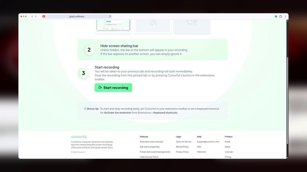 The image shows a computer screen displaying a webpage with a green background, white text, and a button that says "Start recording" at the bottom of the page. The website appears to be related to bags or luggage, as indicated by the post's title.