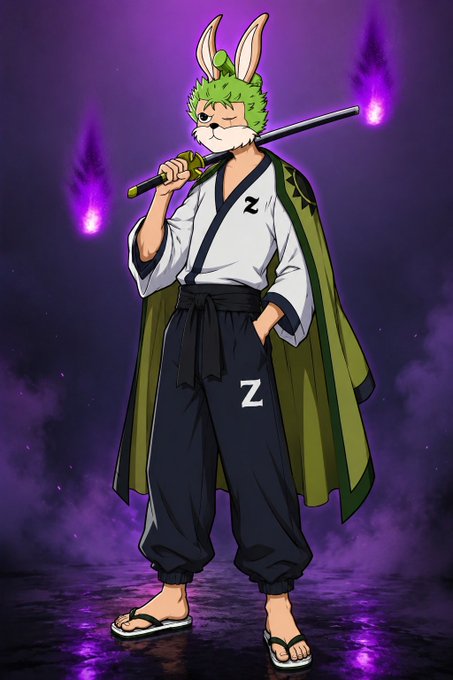 Anime-style illustration of a humanoid green rabbit character with tall ears, wearing a white and dark blue martial arts outfit marked with the letter 'Z', carrying a staff with a purple flame on a dark purple background.