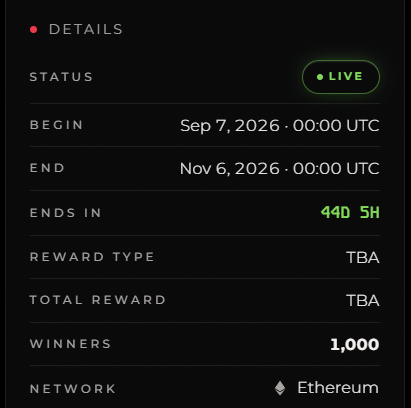 A 'DETAILS' panel for a live event showing a status of 'LIVE', beginning on 'Sep 7, 2026 - 00:00 UTC', ending 'Nov 6, 2026 - 00:00 UTC', with '1,000' winners on the 'Ethereum' network.