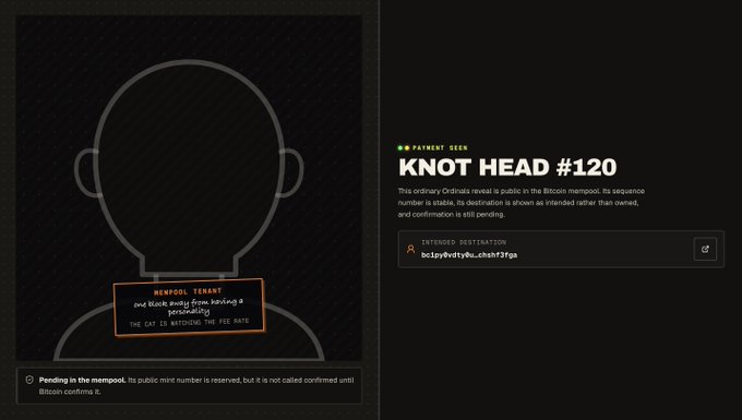 A Bitcoin Ordinals minting page for "KNOT HEAD #120" showing a blank placeholder image with "MEMPOOL TENANT" status and payment confirmation details.