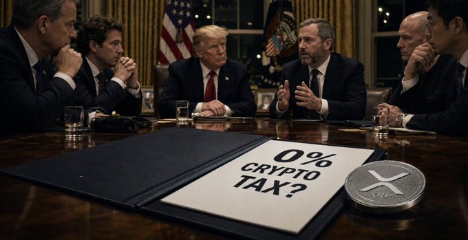 Donald Trump and other men in suits sit around a table in what appears to be the Oval Office, with a document in the foreground displaying the text "0% CRYPTO TAX?" next to a physical XRP coin.