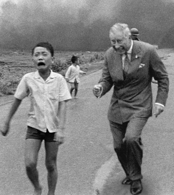 The black-and-white photo captures a young boy in a short-sleeved shirt and shorts running down a road in apparent distress, while a sharply dressed older man in a suit chases after him, with another child visible in the background. The accompanying post warns against emotional trading—urging followers to ignore hype-driven "ape season" pumps and instead invest in products with long-term potential, framing the frantic, fearful pursuit in the image as a metaphor for panic-driven market decisions. No text, numbers, or tickers are visible in the photo itself.